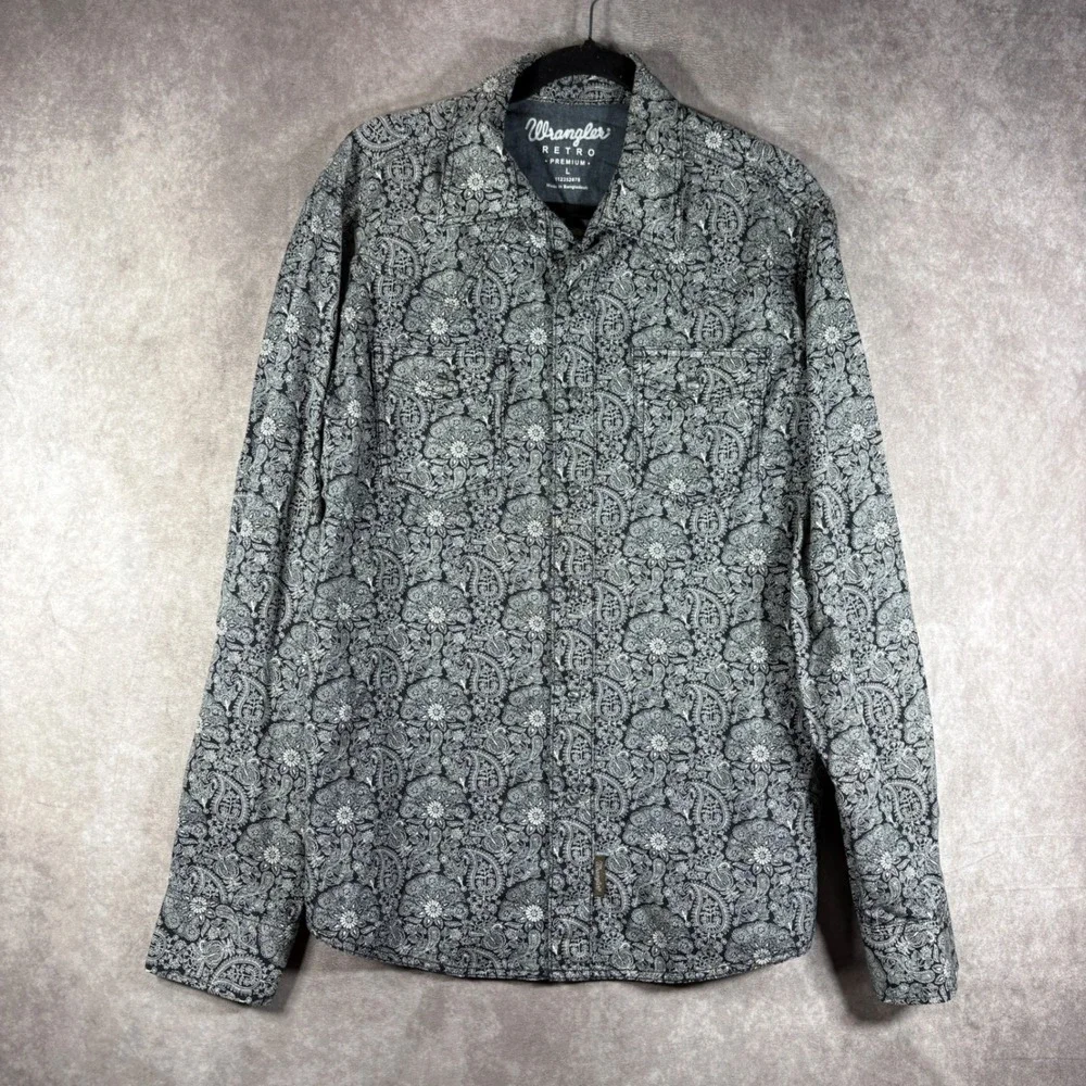 Wrangler Shirt Mens Large Black Retro Premium Paisley Snap Button Western Cowboy